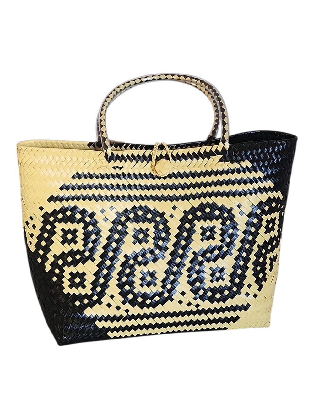 Sarawak Barneo Black and Cream Woven Basket Tote Bag Womens